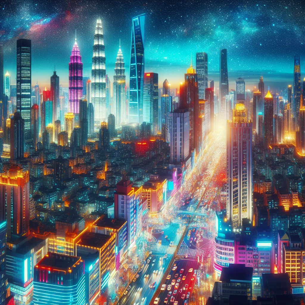 Image description: A vibrant cityscape with towering skyscrapers, bustling streets filled with cars and pedestrians, and colorful lights illuminating the night sky. The city exudes energy and vitality, capturing the essence of urban life.