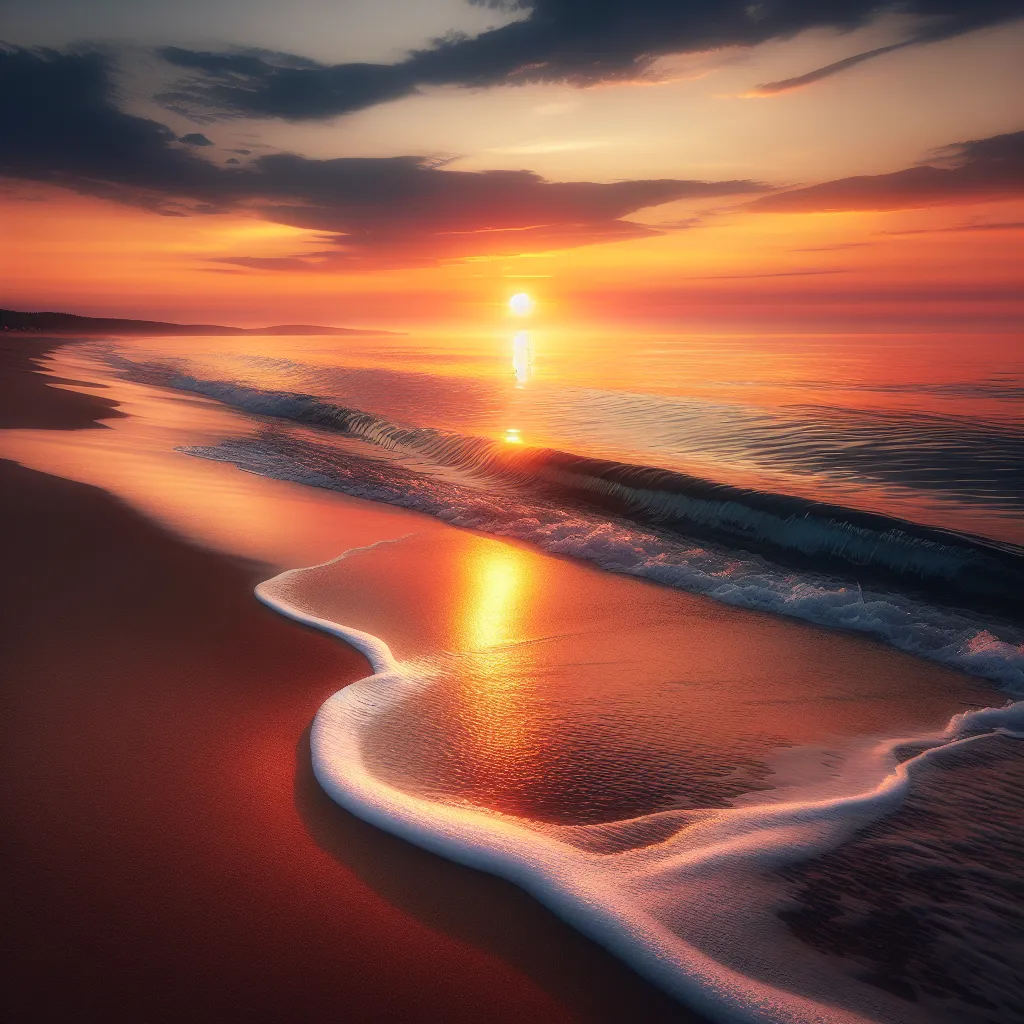 A serene sunset over a calm ocean, with gentle waves washing up on a sandy beach.