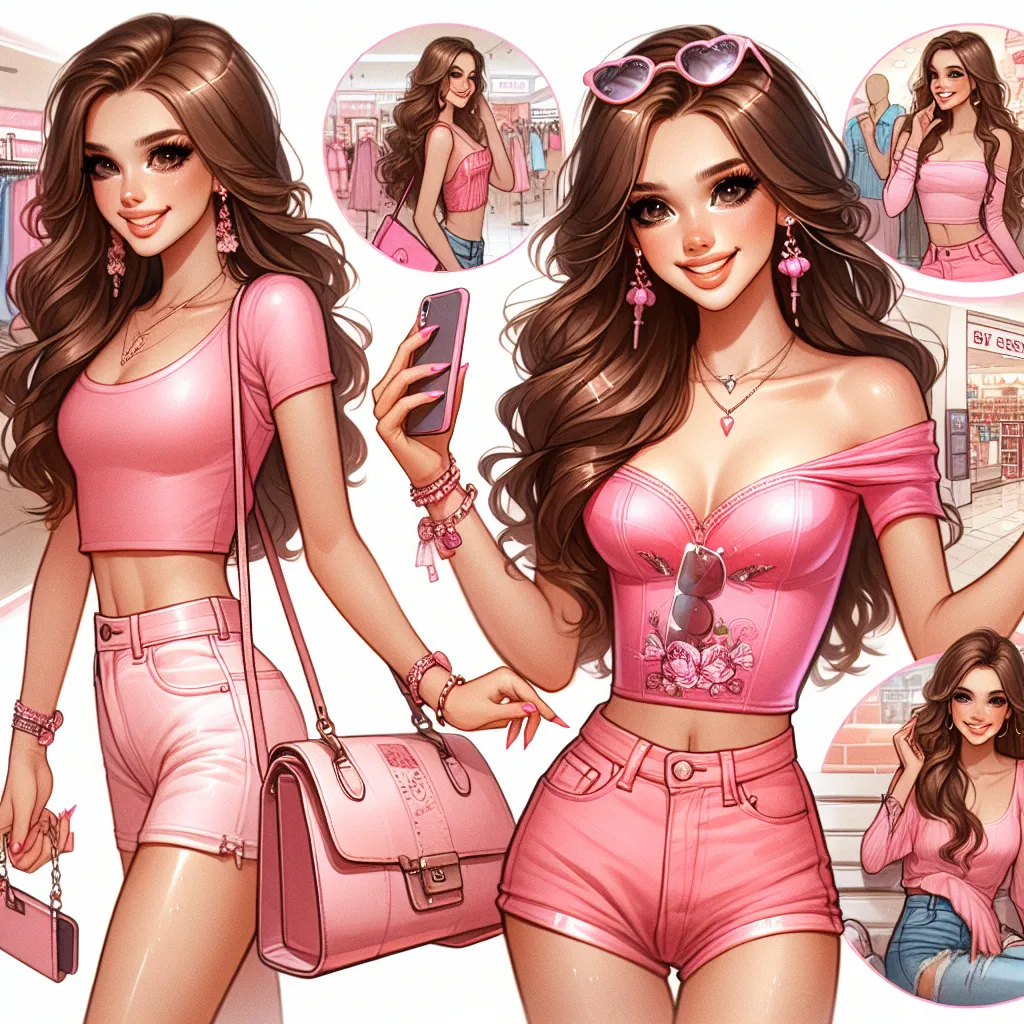 A teenage girl named Lily, with long curly hair, poses confidently in a pink crop top, shorts, and feminine accessories. She wears a pink purse over her shoulder and holds a pair of sunglasses in her hand. Lily's transformation from a 5-year-old boy named Sam was orchestrated by her cousin Emma, who took her to the beach and the mall for a girls' day out. They tried on clothes, visited various stores, and had lunch at the food court. At the mall, Lily caught the attention of a muscular guy named