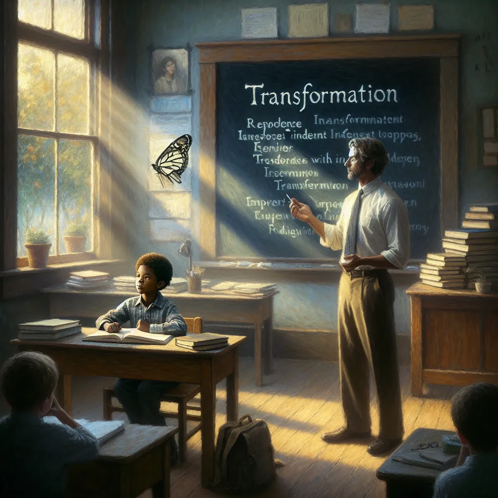 Boy, School, Teacher, Transformation, Identity in the style of Monet