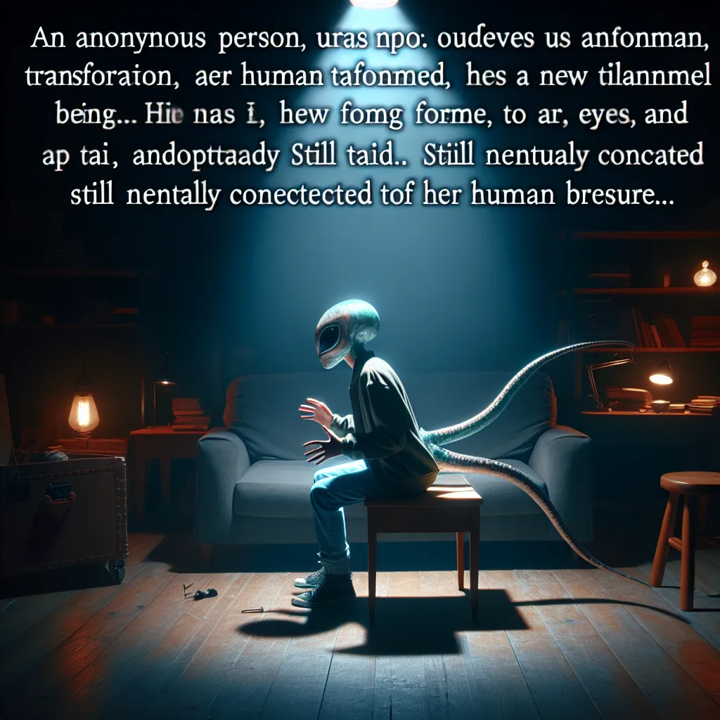 In the twilight of a room, Liam undergoes a mysterious transformation, his human form transitioning into that of a female Andalite. In awe of her new limbs, eyes, and tail, Andi embraces the power and elegance of her altered state. With a mind still rooted in her human past, Andi embarks on a journey of discovery, adaptation, and extraordinary adventure as an Andalite.