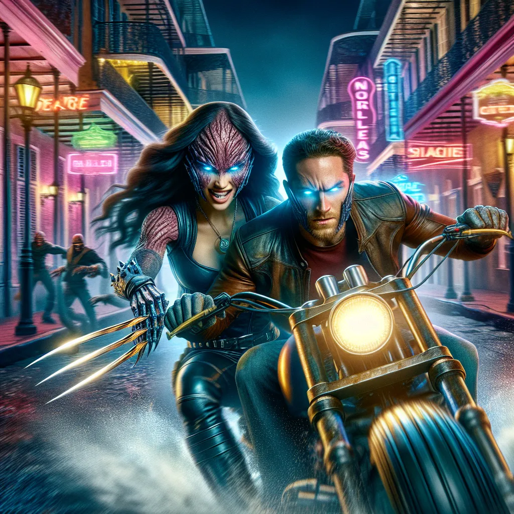 An intense adventure unfolds in New Orleans as mutant heroes Laura Kinney and Gambit navigate shadows and danger, racing through the city's labyrinthine streets on a motorcycle to escape a mysterious threat.