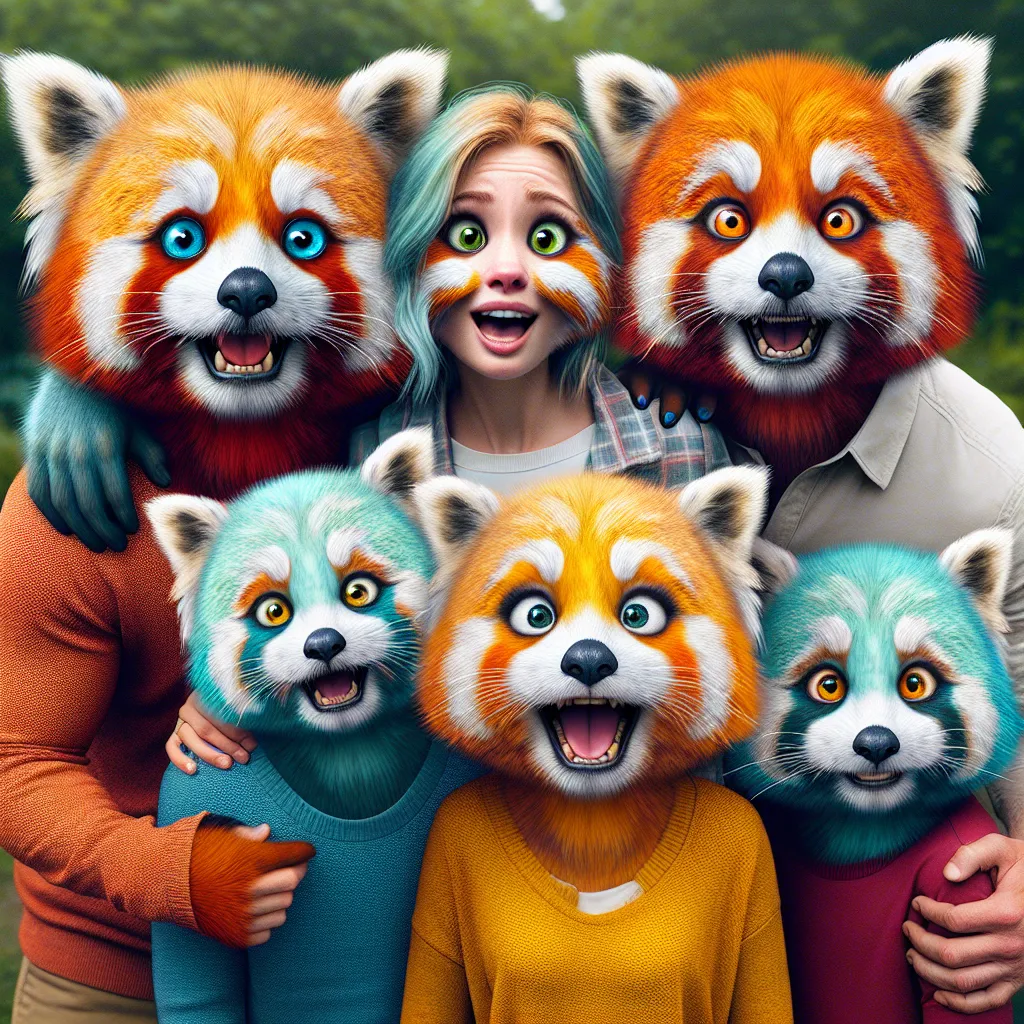 An image of the Andrews family, transformed into anthro red pandas, standing together with excitement and mischief in their eyes. They each have unique fur colors and markings, including aqua blue, vibrant orange, and a special golden color. The image captures their close bond and the sense of adventure and wonder they now share.