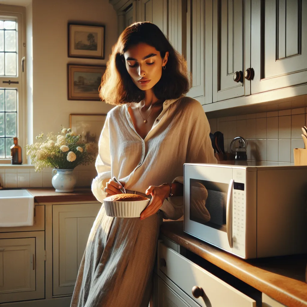 A woman stands in a sunlit kitchen, feeling the lingering touch of a man as she prepares meatloaf in the microwave. The quiet, domestic scene is filled with unspoken emotions and uncertainty, captured in the hushed atmosphere and her contemplative expression.