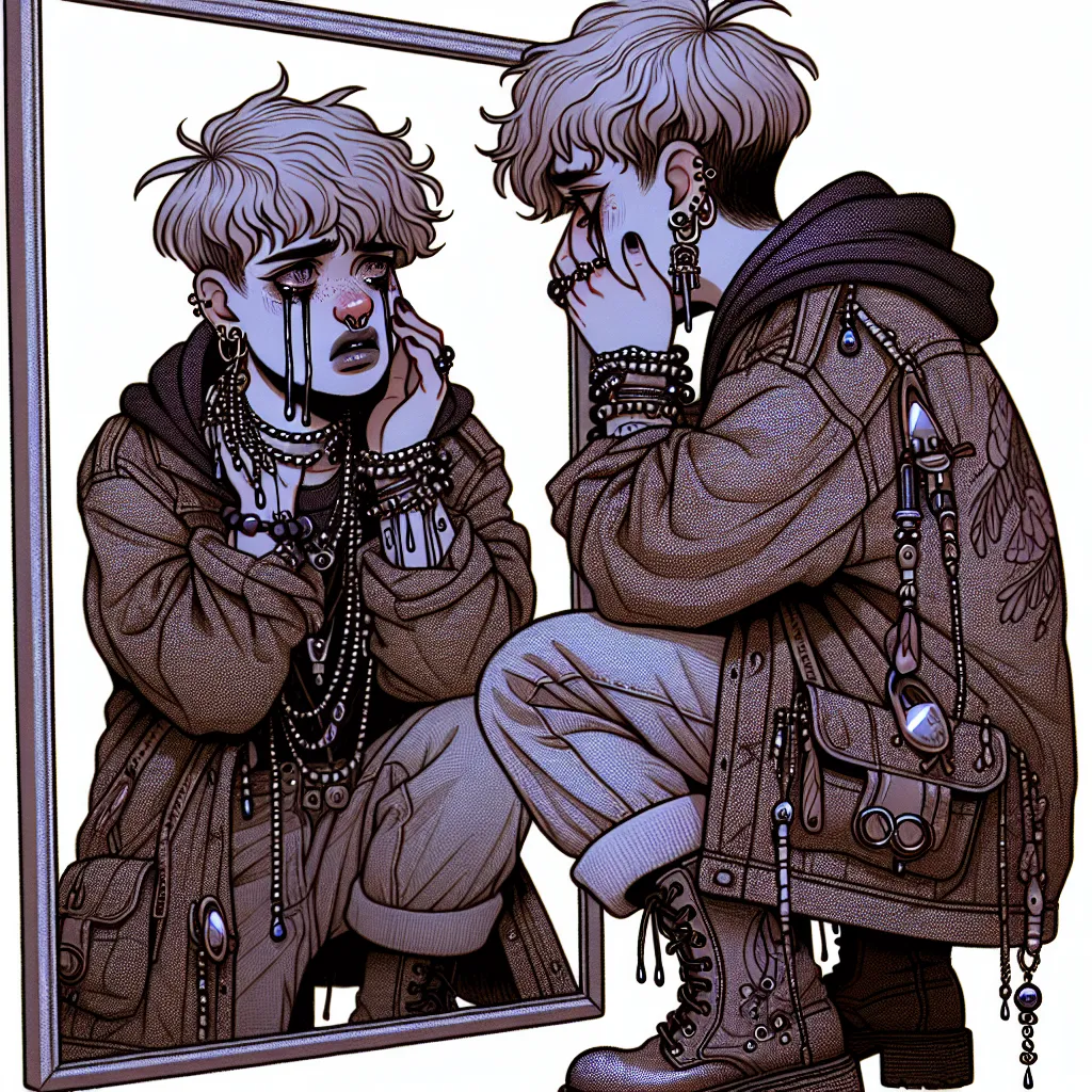 An image depicting a confused young boy in a woman's body, wearing a skimpy outfit with platform sandals and adorned with jewelry, looking into a mirror with tears streaming down his face.