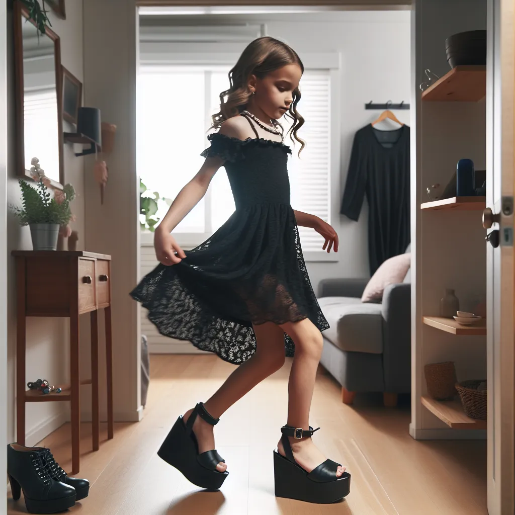 A young girl named Susan, transformed from a boy named Tommy, discovers burglars in her house while wearing an elegant black dress, platform sandals, and adorned with various jewelry. She tries to navigate the house quietly while dealing with the challenges of her new attire.