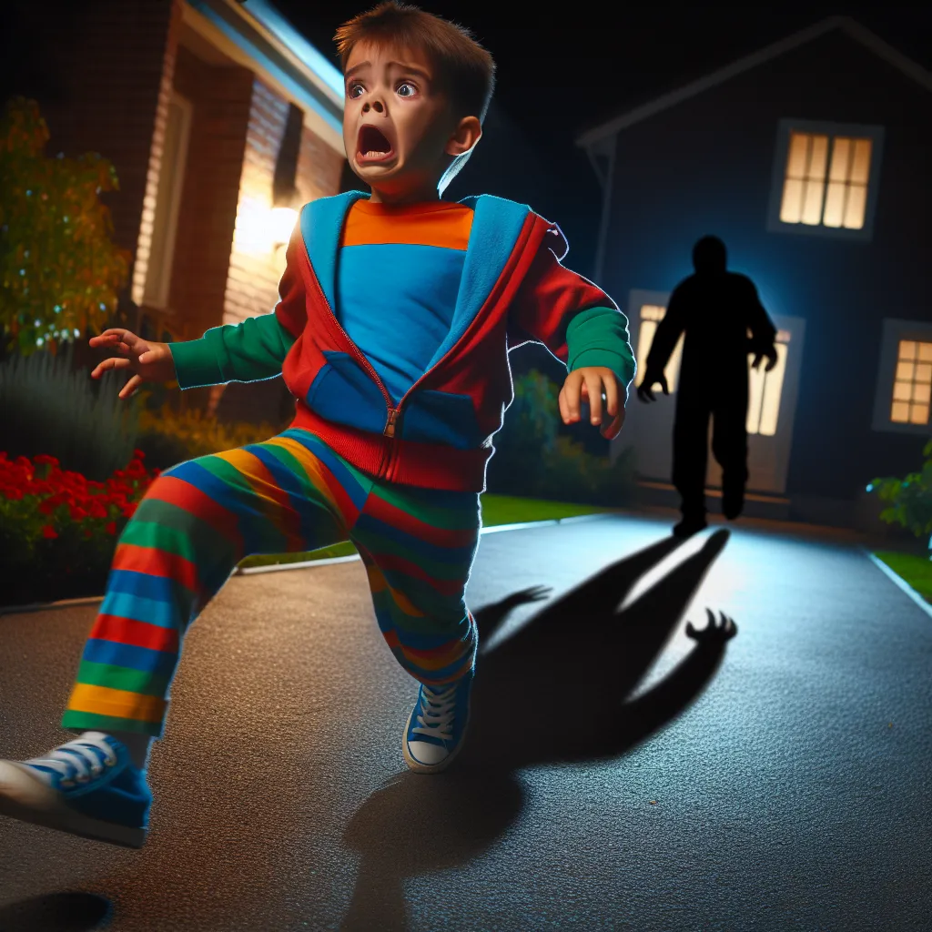 A frightened young boy named Tommy, wearing a red dress and high heels, runs from a menacing figure in a dimly lit suburb at night.