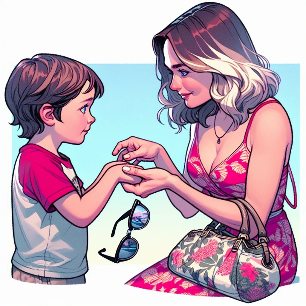 The image accompanying this story could depict a 5-year-old boy named James and a woman named Patricia, who is later transformed into James. The image could show James and Patricia interacting, maybe with Patricia taking something from James's hand. The characters should be recognizable with their physical descriptions, such as James having brown hair and blue eyes, and Patricia wearing a bright pink tank top with a floral pattern and holding a purse with sunglasses on top. The image should capt