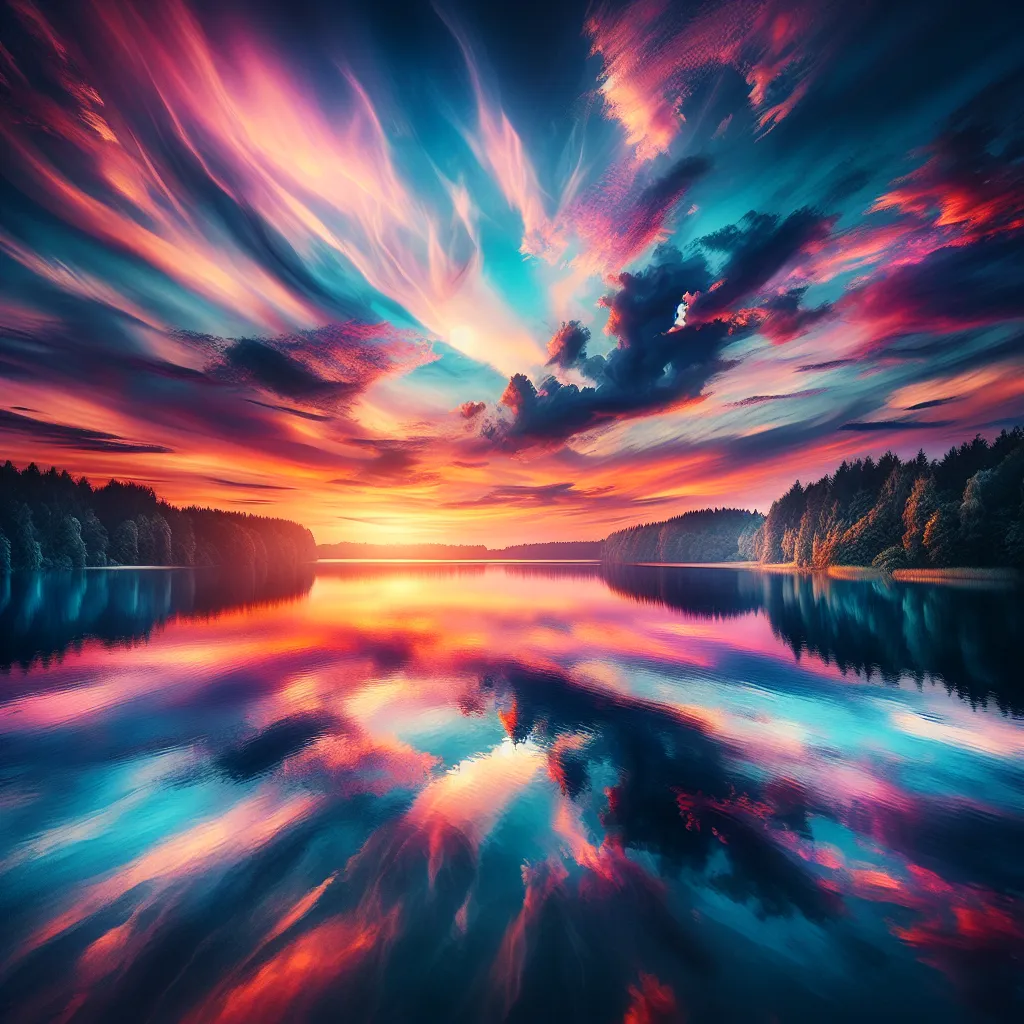 A mesmerizing sunset over a serene lake, with vibrant hues reflecting on the water's surface and soft clouds stretching across the sky.