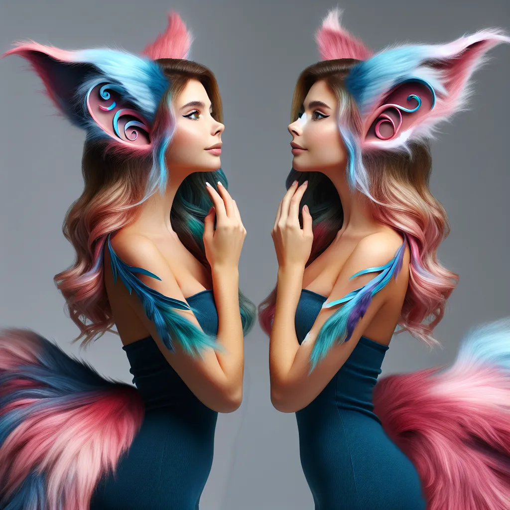 Description: A young woman named Aya undergoes a genetic transformation to become an anthropomorphic Sylveon, standing proudly as her reflection shows her elegant ears, vividly colored fur, graceful ribbons, and a tail. A fusion of human curiosity and mythical grace, she marvels at her new form, ready to explore a world transformed by her own will.