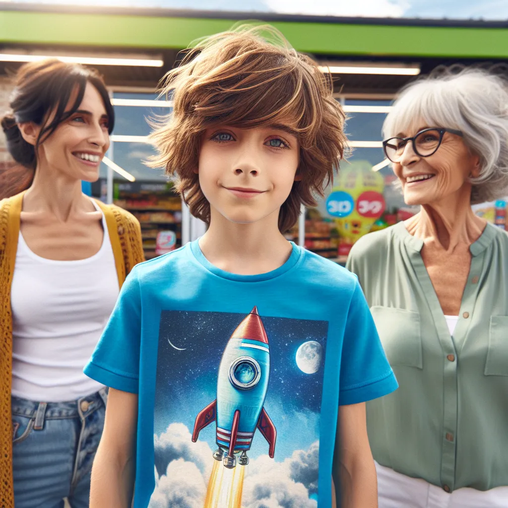 An image of a young boy named Lucas, wearing a vivid blue t-shirt with a graphic of a cartoon rocket launching into space, standing outside a bustling supermarket with his mother and grandmother. The boy has shaggy, medium-length sandy brown hair and curious blue eyes, while his mother wears a white tank top with a yellow cardigan, and his grandmother dons a sage green blouse. The scene captures a moment of family shopping together on a bright summer afternoon, with colorful products on display 