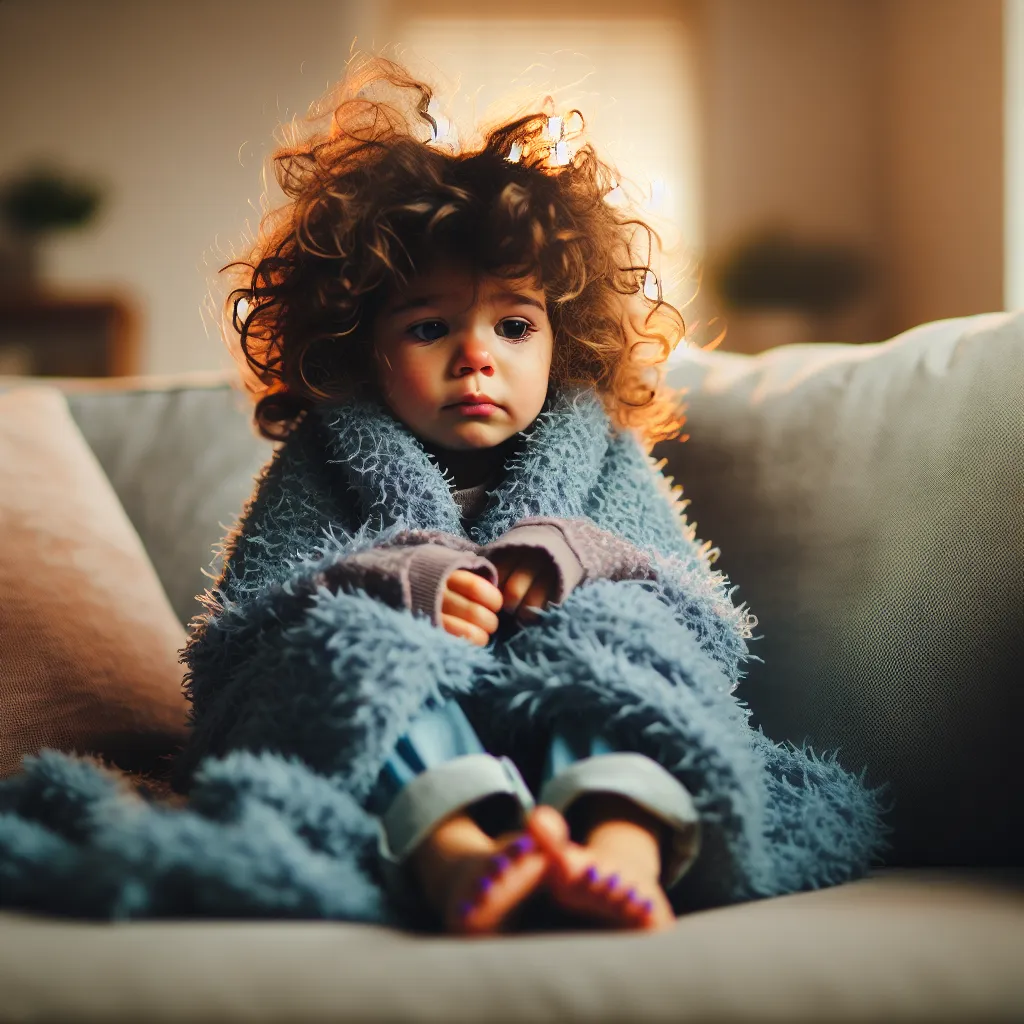 The concise description for the image that will accompany this story is: A young child with wild curly hair and purple toenails sits on a plush sofa, wrapped in a fuzzy blue blanket, feeling lost in an adult body, with tears in their eyes and a look of confusion and fear.