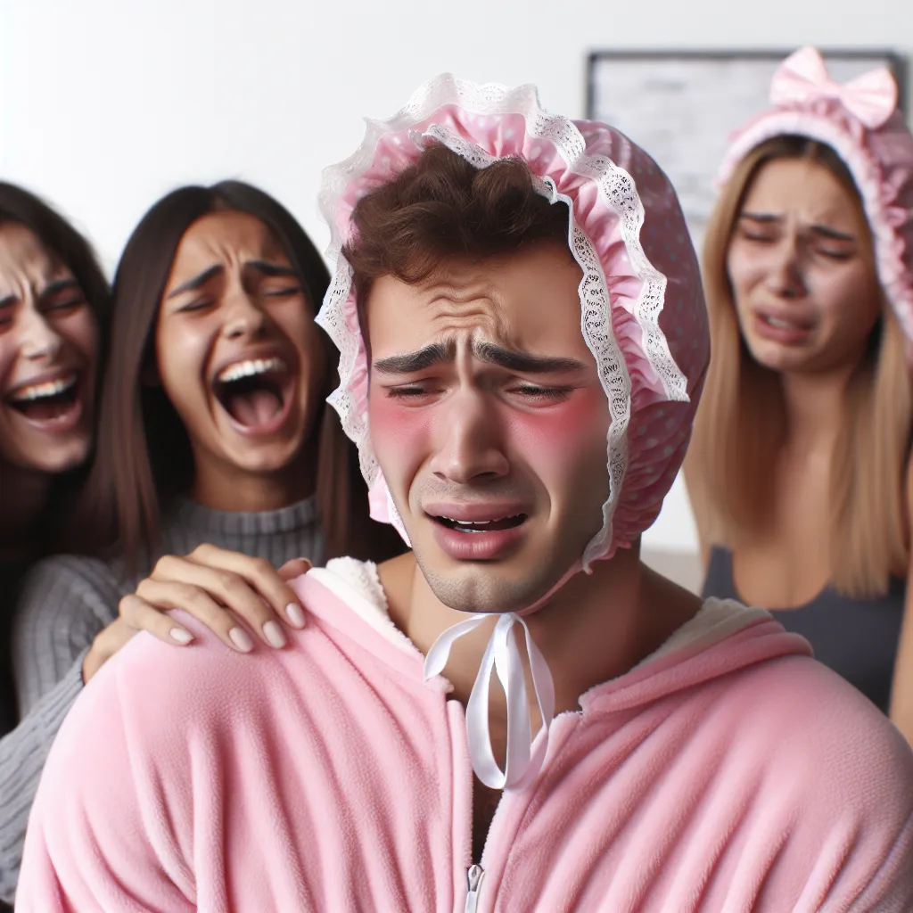 An image of Fred, dressed in a pink onesie and frilly bonnet, with his face flushed and filled with red lipstick marks. His expression is one of embarrassment and humiliation as Carly and Sam laugh and Marissa dotes over him.