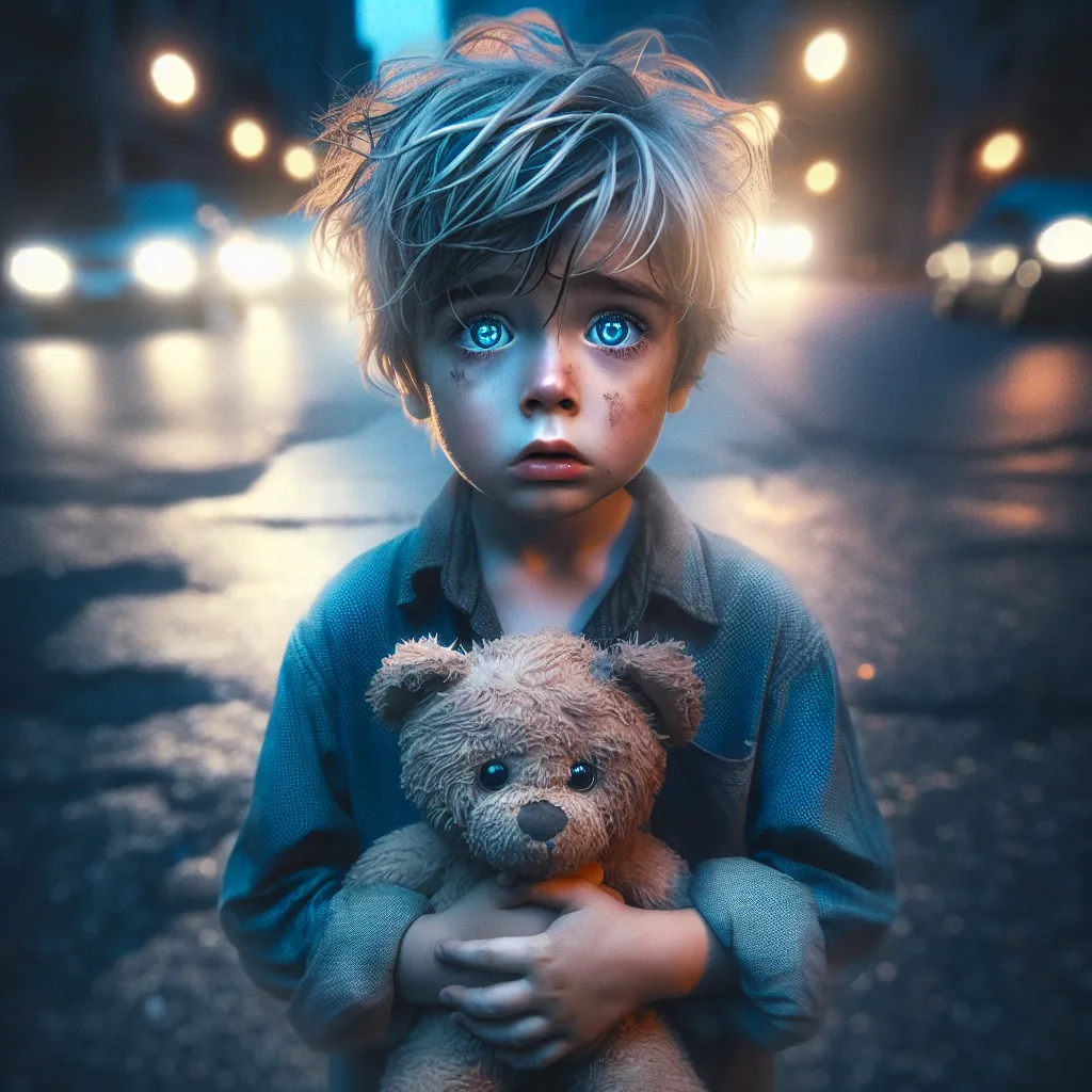 A generated image would depict a young boy named Billy, with tousled dirty blond hair and bright blue eyes, standing alone on a dimly lit street at night. He would be embracing his stuffed animal tightly, wearing a shirt, jeans, and shoes. The image would capture the sense of nervousness and uncertainty that Billy is feeling as he realizes he doesn't know where he is.