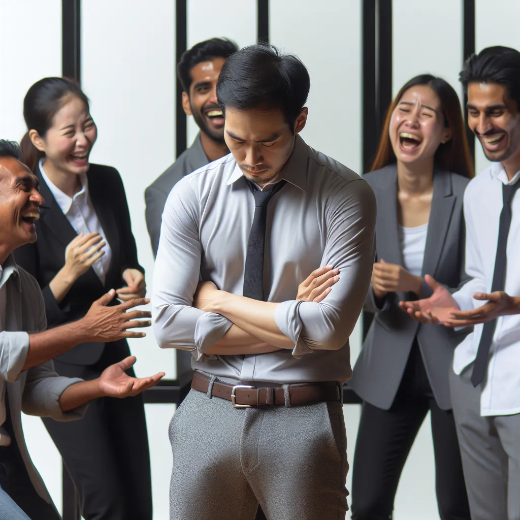 A lonely man named Ian endures the mockery and rejection of his coworkers, particularly from his manager Jake and a woman named Laura, who were captivated by Jake's attractiveness. Despite his efforts to win Laura's affection, she ultimately chooses Jake, causing Ian's heartbreak and isolation. The image could depict Ian standing alone amidst a group of laughing coworkers, perhaps with a sad expression on his face to represent his loneliness and resilience in the face of cruelty.