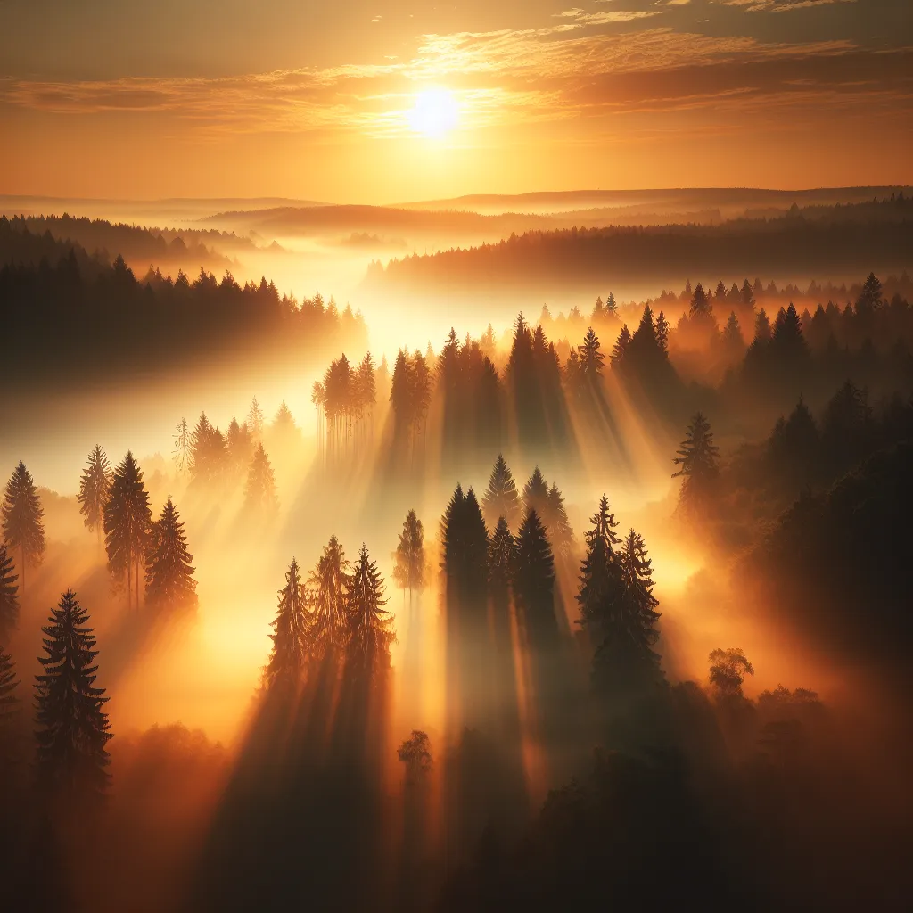 A serene sunrise scene over a peaceful, misty forest with rays of light filtering through tall trees.