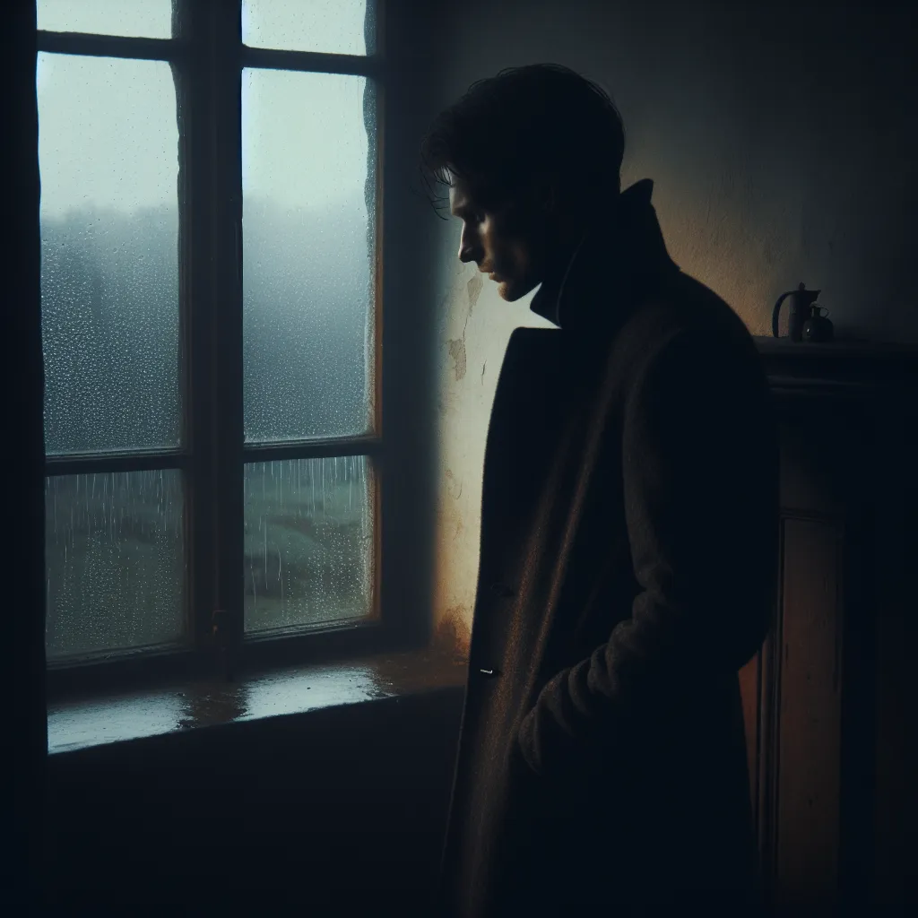 A melancholic figure standing alone in a dimly lit room, looking pensively out of a window with raindrops sliding down the glass.