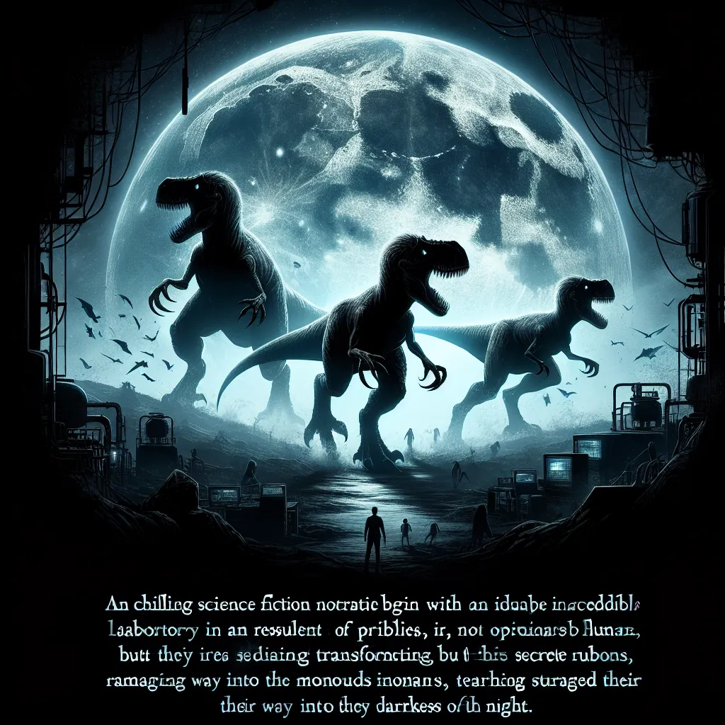 A spine-tingling sci-fi tale unfolds as three siblings undergo a terrifying transformation in a clandestine laboratory, emerging as rampaging dinosaurs breaking free into the night.