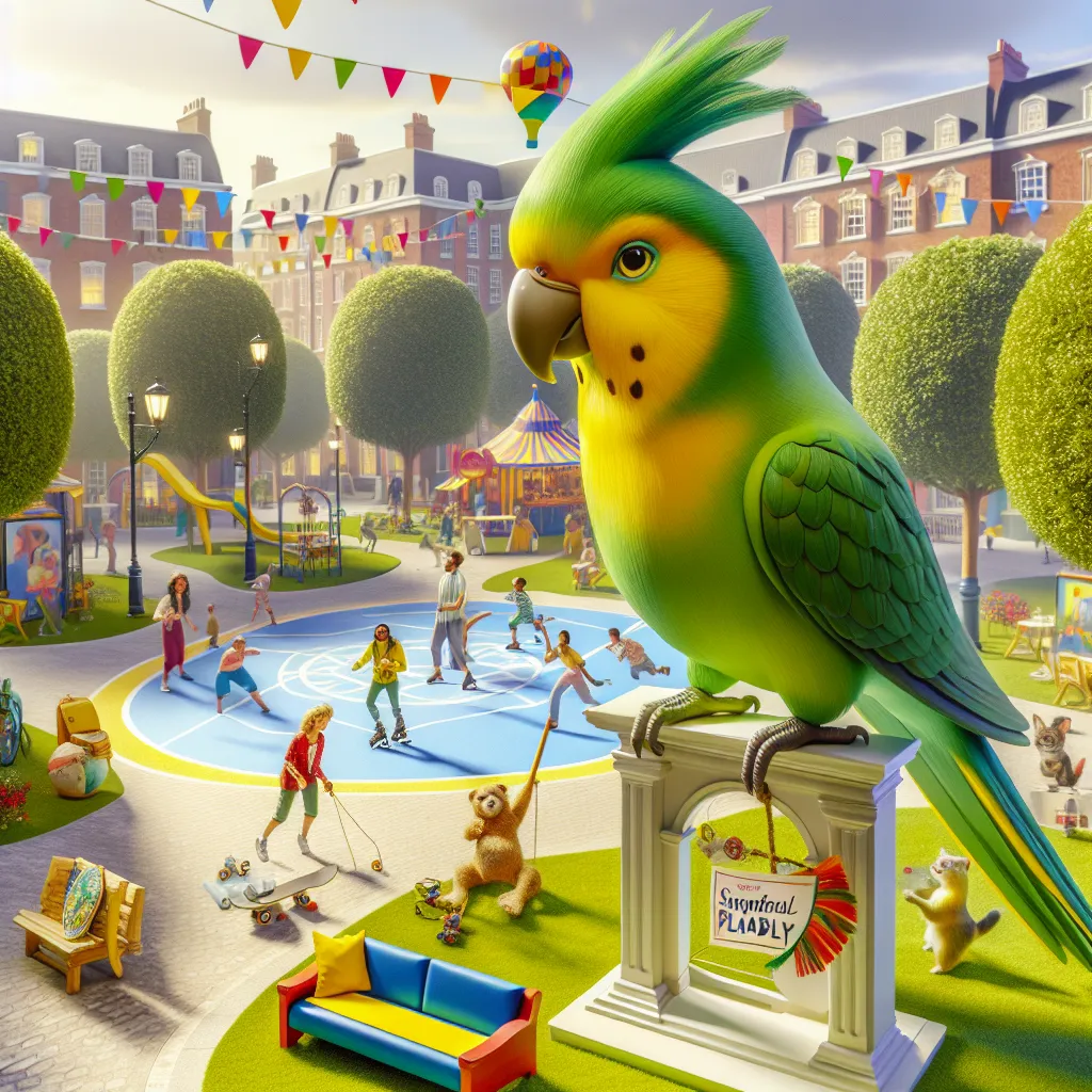 An image of the lively and colorful Paw-Tucket Central Square filled with various pets engaging in activities like skating, playing hacky-sack, and lounging around. In the forefront, Edie, a parakeet, is shown in a theatrical pose, holding a playbill and expressing dramatic flair as she prepares for her role in "Best in Show: The Musical".
