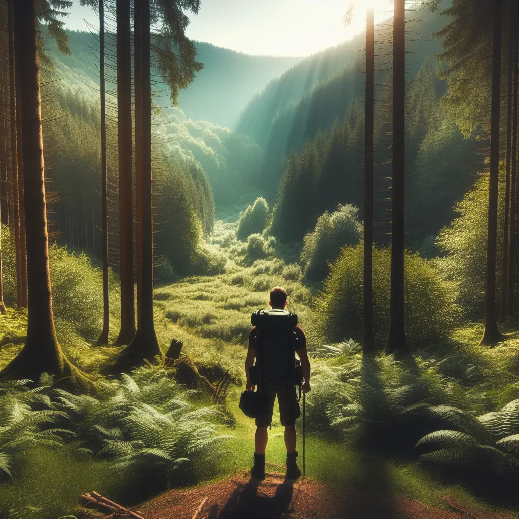 Title: "A Journey Into the Wilderness"

Description: A lone hiker stands at the edge of a verdant forest, gazing out at a vast wilderness. The sunlight filters through the tall trees, casting dappled shadows on the lush foliage below. The hiker's backpack and hiking gear suggest an adventurous spirit ready to embark on a breathtaking journey filled with unknown wonders.