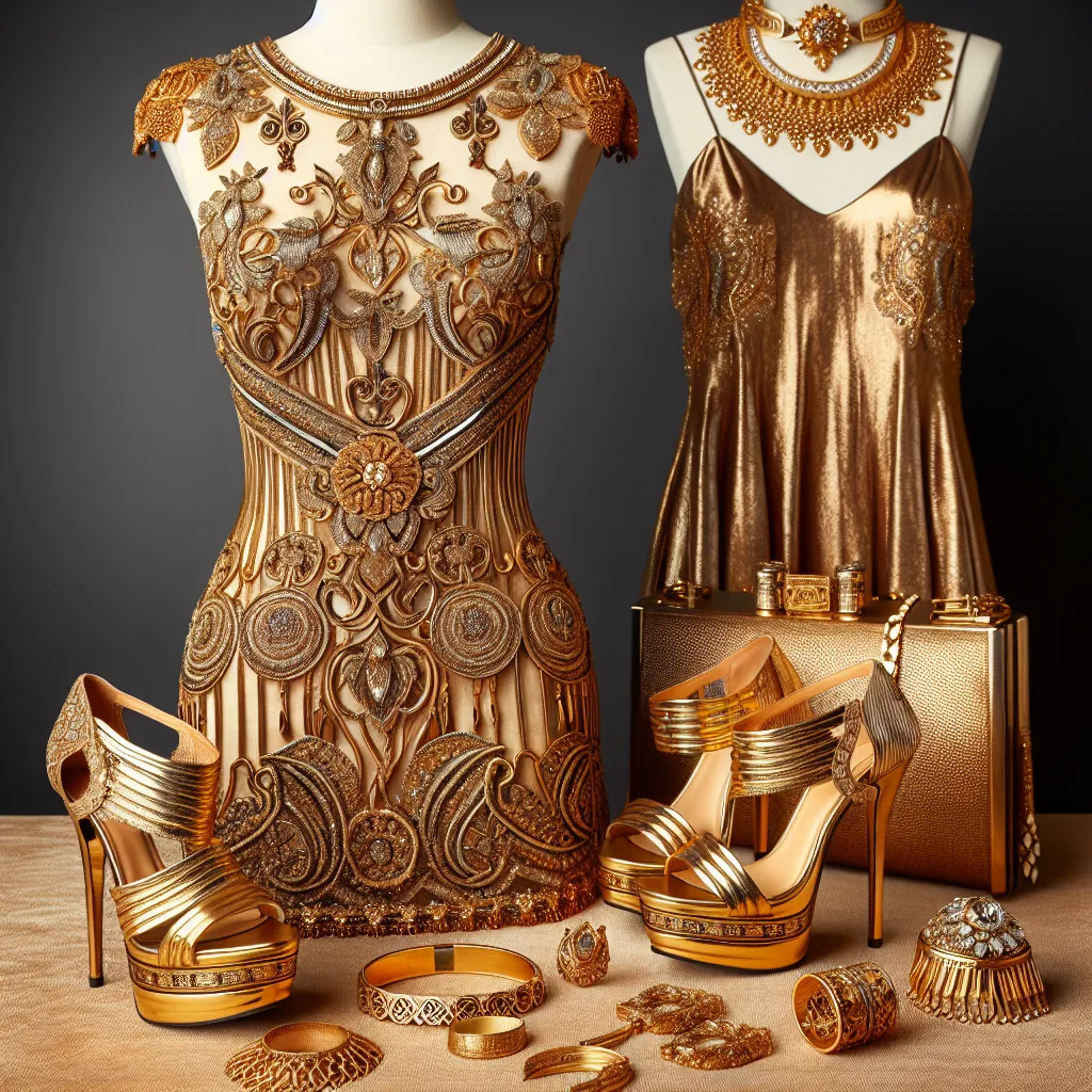 A golden dress, platform sandals, and luxurious jewelry belonging to a sophisticated 73-year-old woman named Eleanor Hartley.