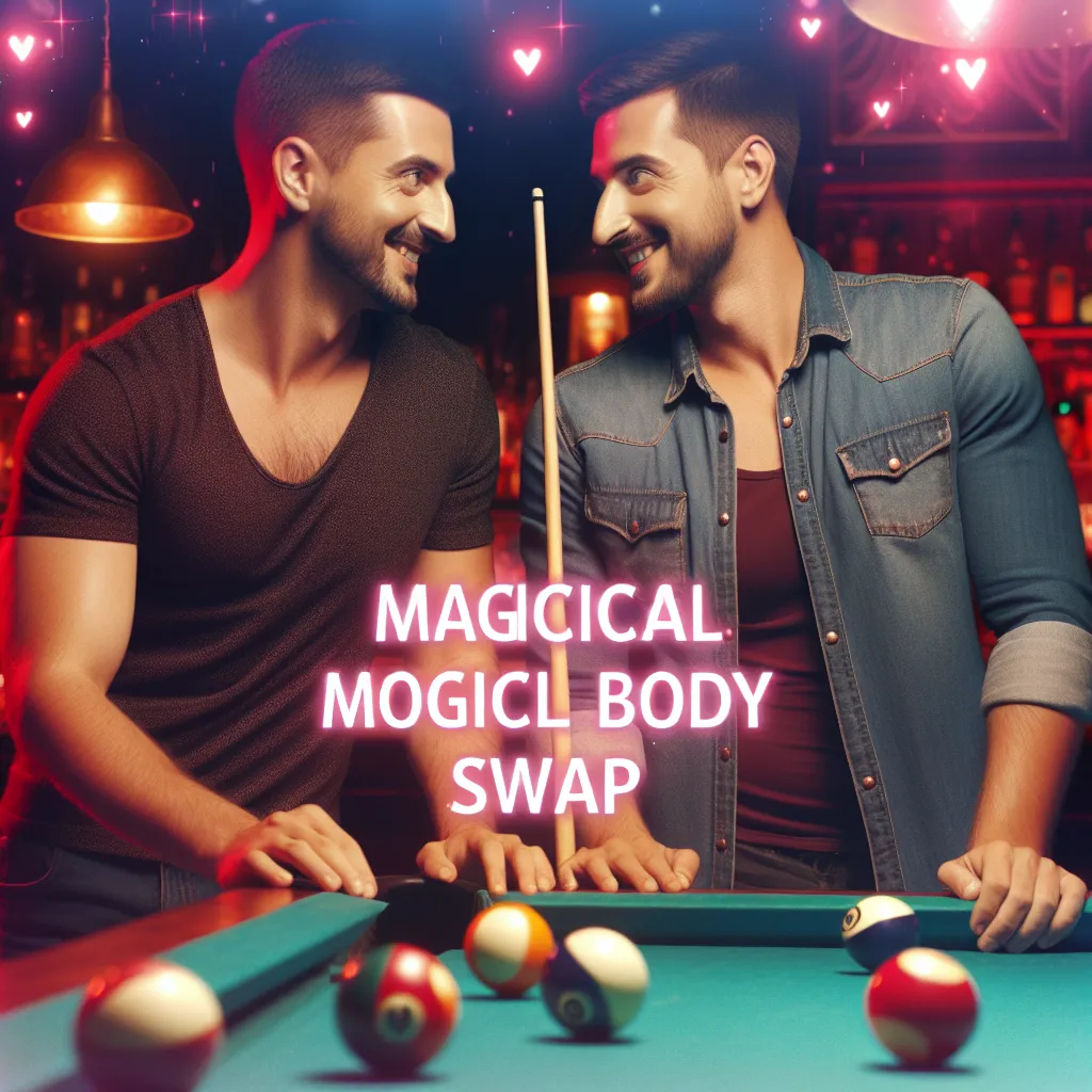 Two friends, Jake and the narrator, find themselves in an unexpected and supernatural situation when Jake's wife, Sarah, reveals she has magically swapped their bodies. At a bar, the two playfully banter and flirt as they shoot pool, igniting a new and exciting dynamic between them. The image should capture the playful tension and chemistry between the friends as they navigate this mysterious and captivating evening at the bar.