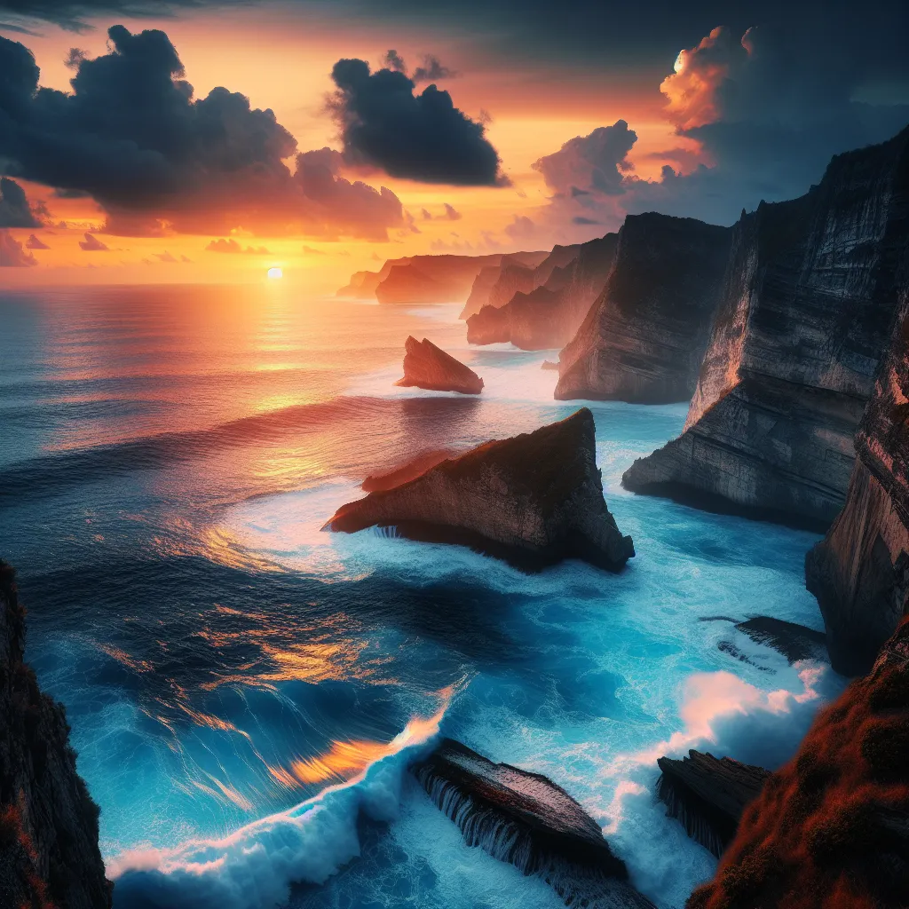 Deep blue ocean waves crashing against rugged cliffs with a mesmerizing sunset casting warm hues in the sky.