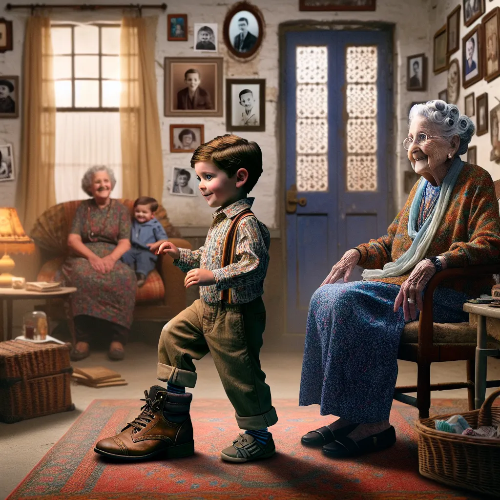 A transformative night for 4-year-old Henry, who, after donning his grandmother's sandals, undergoes a poignant physical metamorphosis into the image of his beloved grandma Eloise, complete with aged features, presence, and attire, encapsulating a tender family moment full of unconditional love and memories.