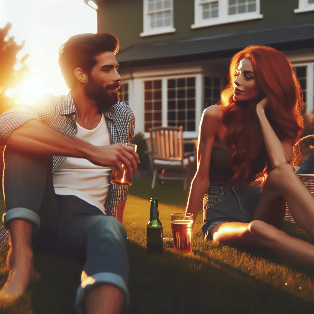 The image should depict two friends, Matt and Maddie, sitting on a front lawn, enjoying a conversation and beers. Matt, a male, is shown as his usual self, while Maddie, who used to be Matt but has since transitioned and is now female, is portrayed as a shapely red-haired woman. The setting sun casts a golden glow on the scene, highlighting their friendship and the bond that remains unchanged despite the unexpected transformation.