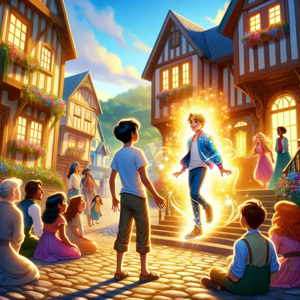 A magical transformation turns young Oliver into vibrant teenager Emma in a small sunlit town, captured in a series of detailed and vivid images.