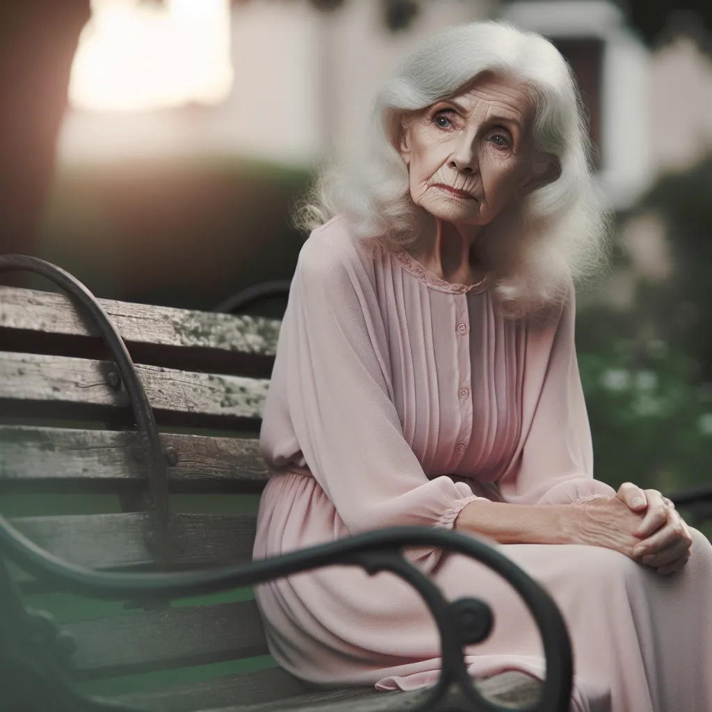 An image of a lonely, elderly woman named Eleanor wearing a pale pink nightgown, sitting on a park bench, gazing off into the distance with a sense of longing and sadness.