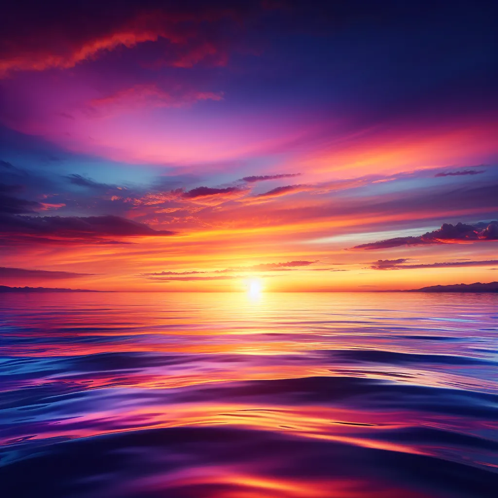 No worries! Here's an alternative description for the image:

"A serene sunset over a vast ocean horizon, with vibrant hues of orange, pink, and purple painting the sky. The tranquil scene is reflected on the rippling water below."