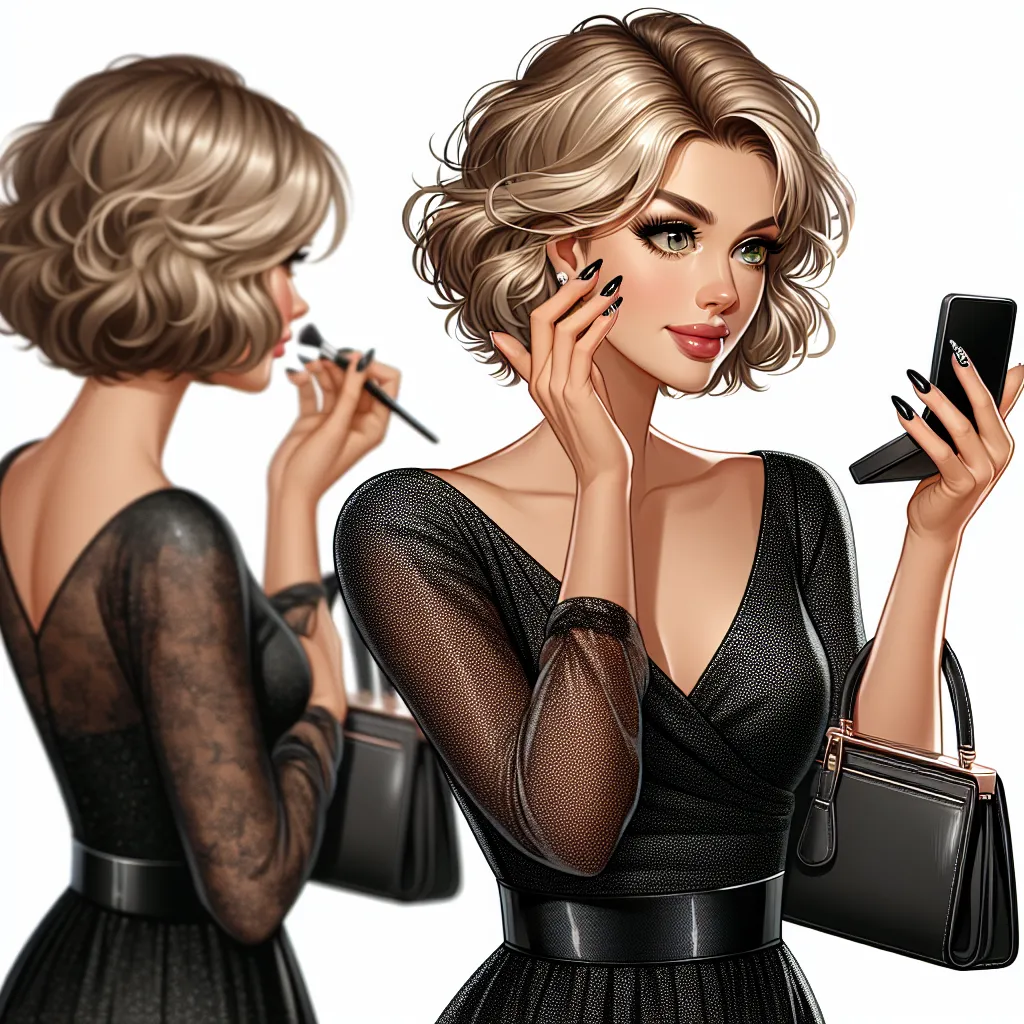 A blonde woman in her early fifties with short, wavy hair and green eyes is getting ready for a date with her husband. She is wearing a form-fitting, sequined black dress, black platform sandals, and has French-tipped nails. She is applying makeup and checking her reflection in a black shiny purse.