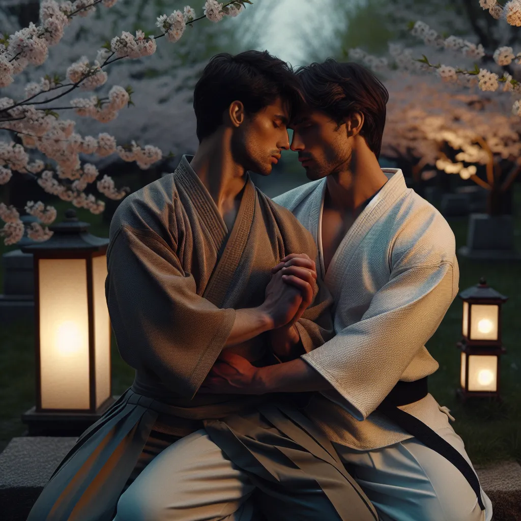 An intense moment of connection between two martial artists in a romantic setting, captured in a silent, charged embrace.