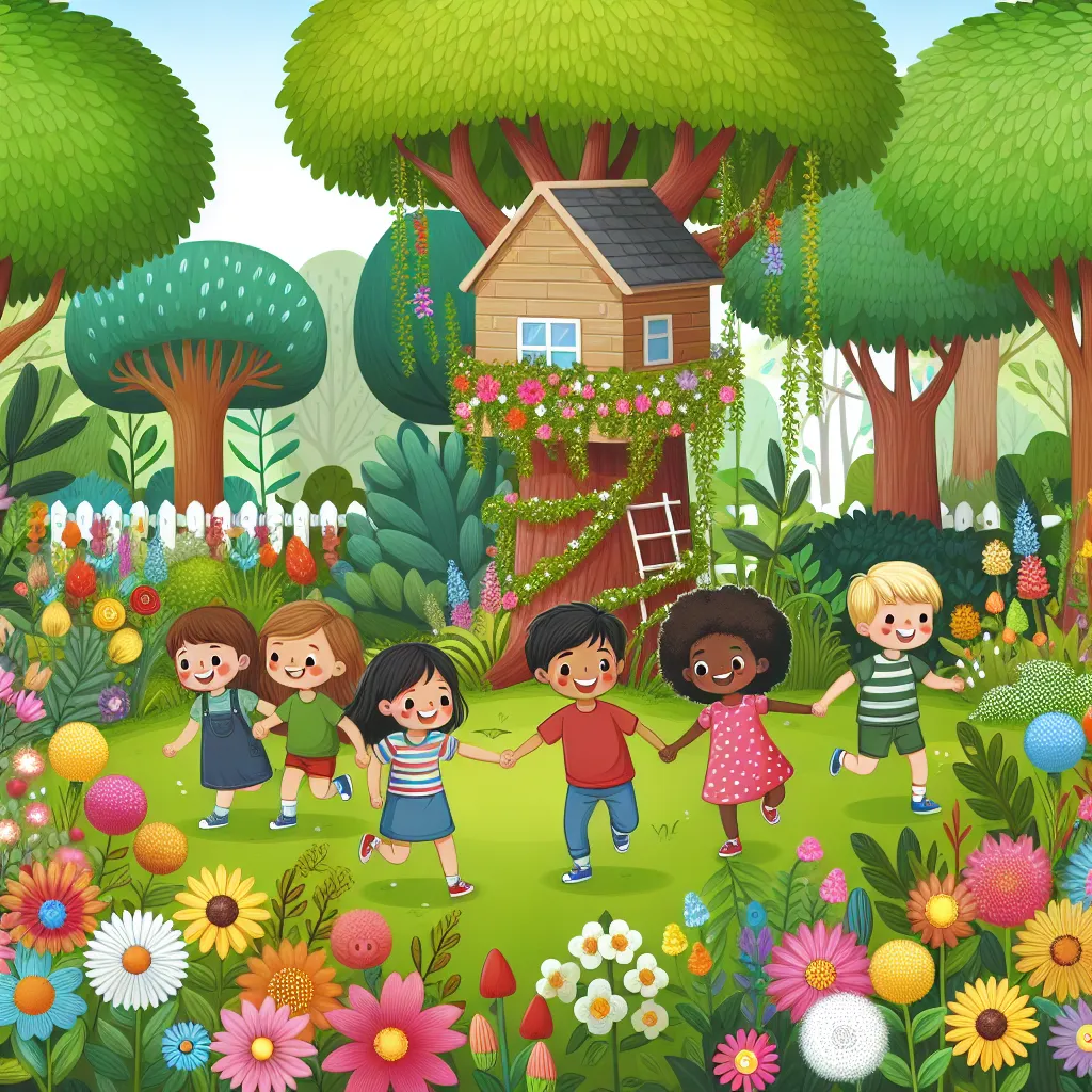 A group of kids play hide-and-seek in a colorful, whimsical garden, filled with flowers, trees, and a charming treehouse.