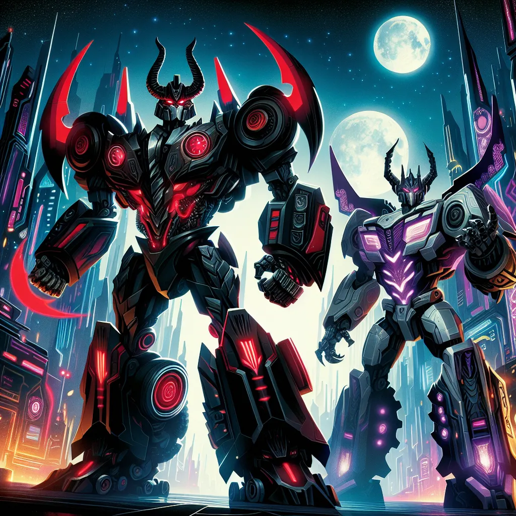 A fantastical story combining the essence of **Charlie Morningstar** and **Alastor the Radio Demon** with the robotic world of Transformers unfolds, depicting their transformation into **Dynamo and Torpedo Blast**, mighty Autobots marching side by side in a futuristic cityscape.