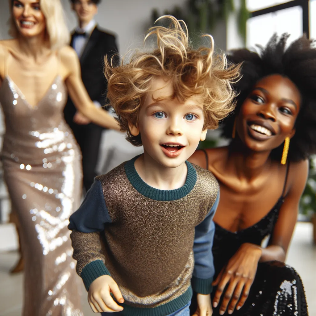 An image of a young boy named Ethan playing with his best friend Jamal at Jamal's house, surrounded by Jamal's family members Tanisha and Kendra. Ethan has tousled blond hair and blue eyes, while Jamal has short, dark hair. Tanisha has short curly hair, and Kendra is described as wearing a glamorous sequined dress with strappy gold sandals.