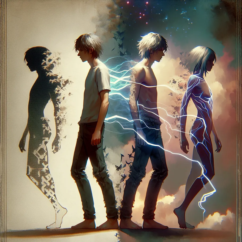 A digital artwork depicting Kamijou Touma and Misaka Mikoto from the light novel series "A Certain Magical Index." In this image, the two characters are depicted standing face to face, their bodies partially transformed into shadowy humanoids, symbolizing the body swap that occurs in the story. The artwork captures the confusion and disconnection from reality that Touma experiences as he wakes up in Mikoto's body, showcasing the intertwining of their destinies and the challenges they face. The i