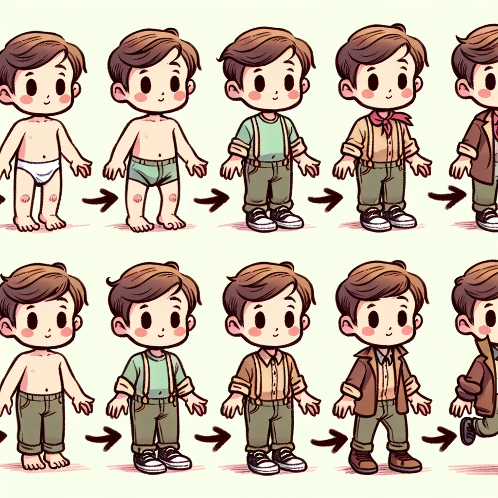 An illustration of a young boy named Timmy gradually transforming into the likeness of his friend's mom, Rosa. The image captures the stages of his physical transformation, from his feet changing to match Rosa's, the shift in his clothing and appearance, to finally embodying Rosa's features and mannerisms.