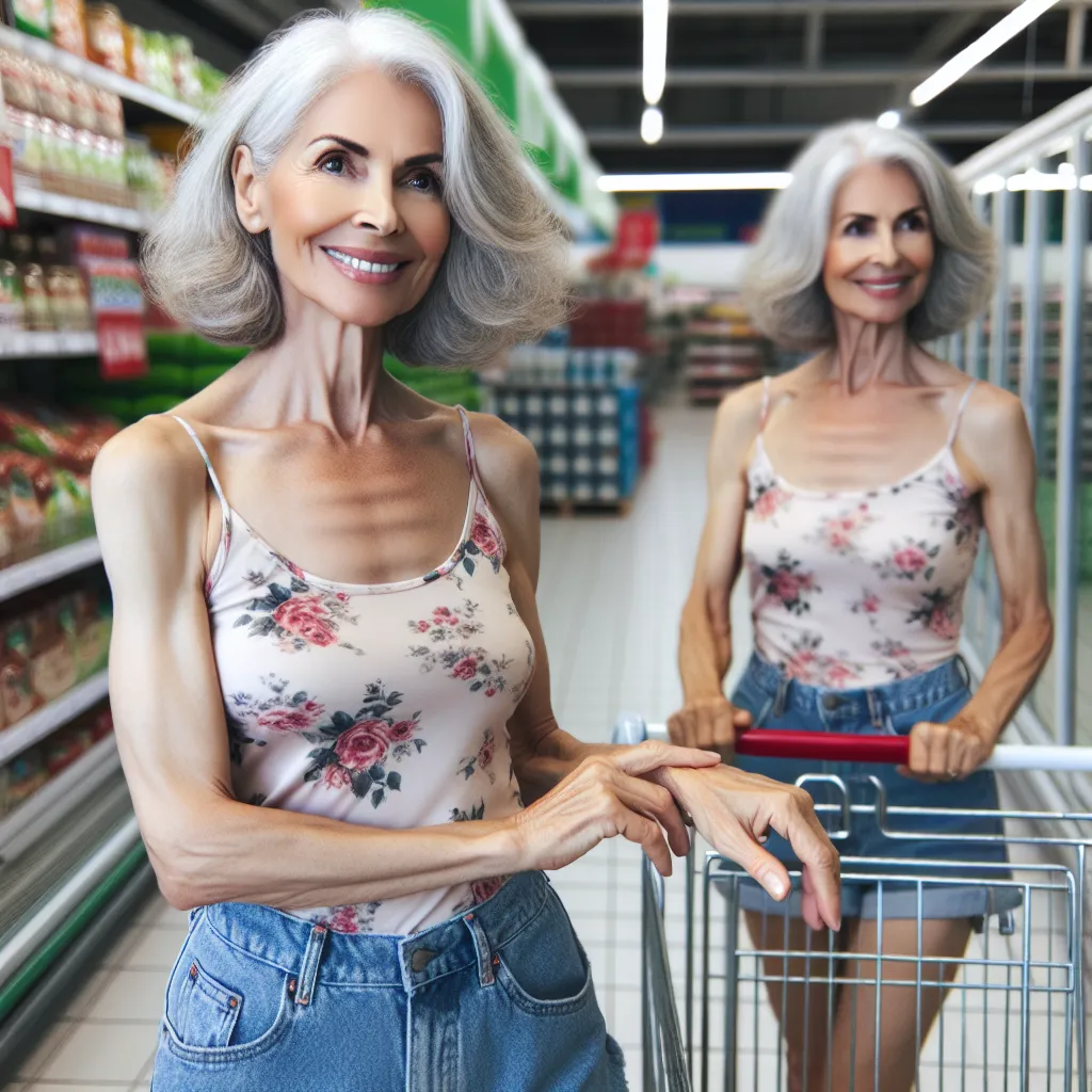 An image of a middle-aged woman named Doris, with grey hair, wearing a floral tank top and denim shorts, pushing a cart at a grocery store.