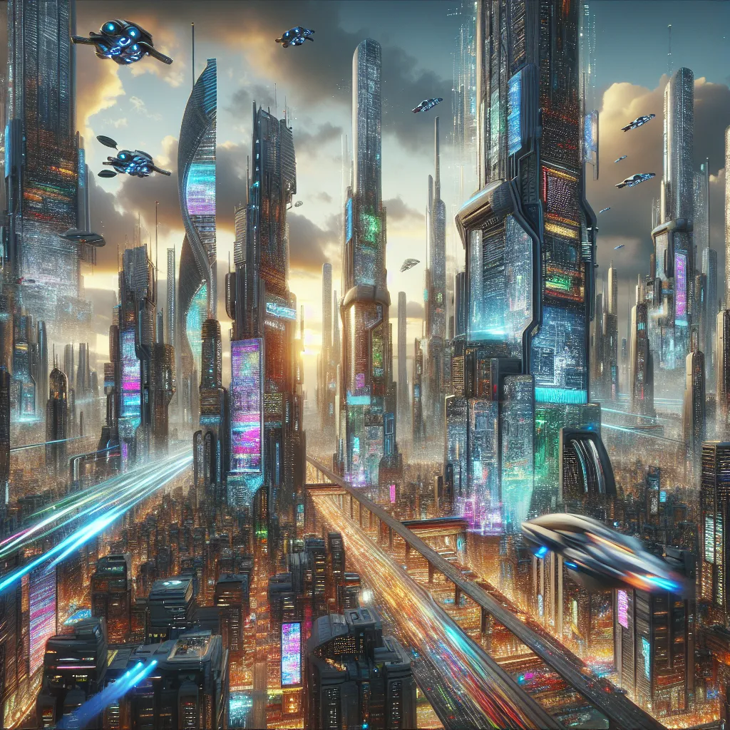 A futuristic cityscape with towering skyscrapers and flying vehicles, highlighting the bustling metropolis and technological advances of the future.