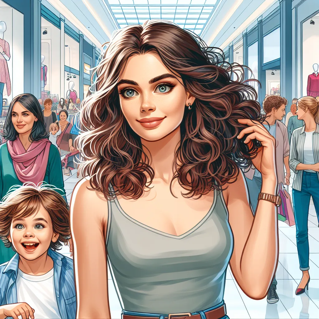 This image will depict a 25-year-old woman and her 5-year-old son walking through a crowded mall. The woman has curly brown hair, hazel eyes, and a carefree personality, while the young boy is energetic and playful. They are surrounded by shoppers and are possibly browsing through clothing racks in the fashion section.