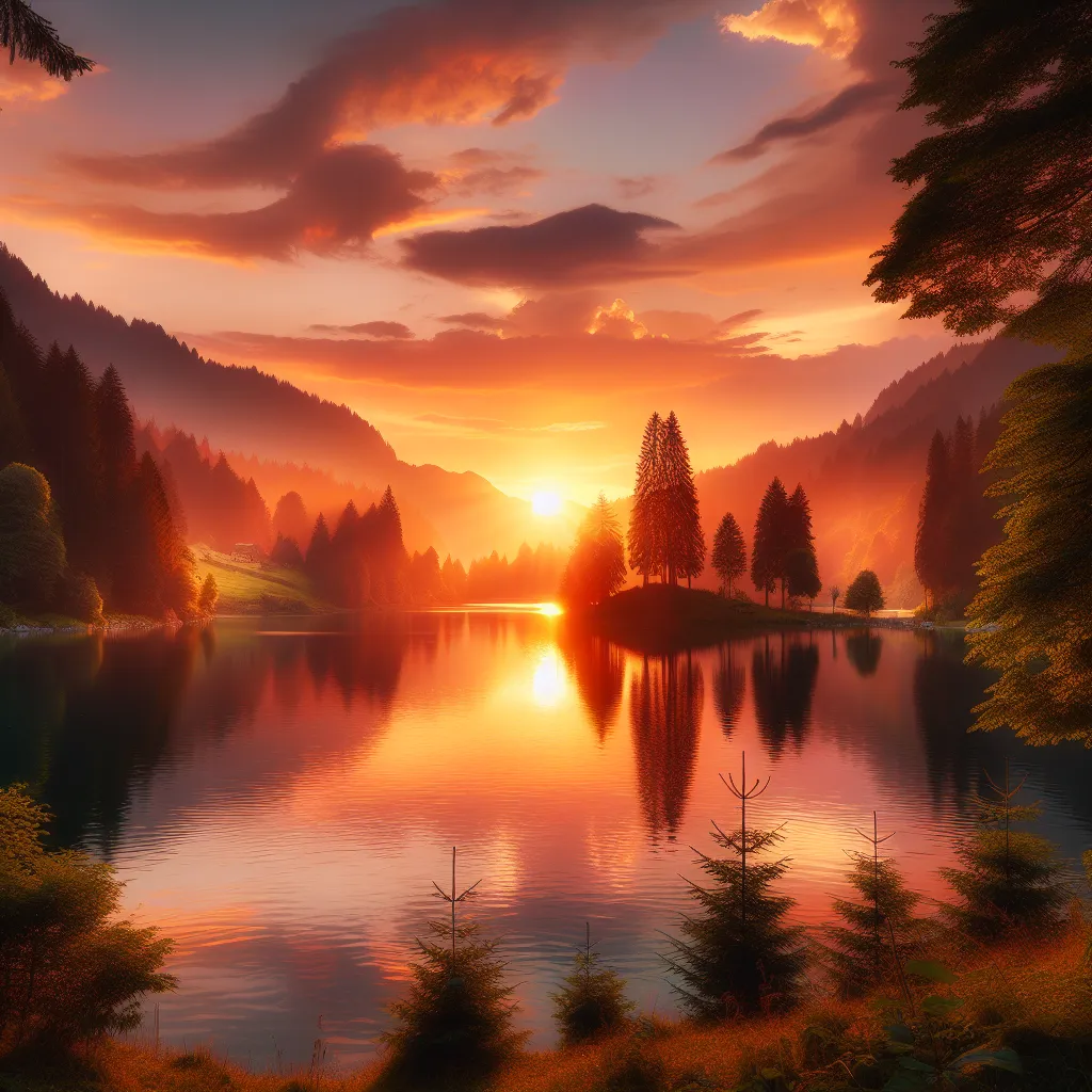 Description for the image: "A beautiful, serene sunset over a tranquil lake, reflecting the warm hues of the sky. Trees and mountains surround the lake, providing a picturesque backdrop."