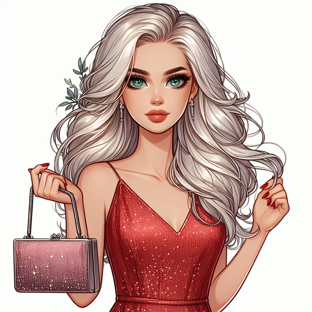 An image of a confident young woman with long platinum blonde hair and green eyes, wearing a skimpy red dress, strappy heels, and holding a small sequined purse, ready for a night out.