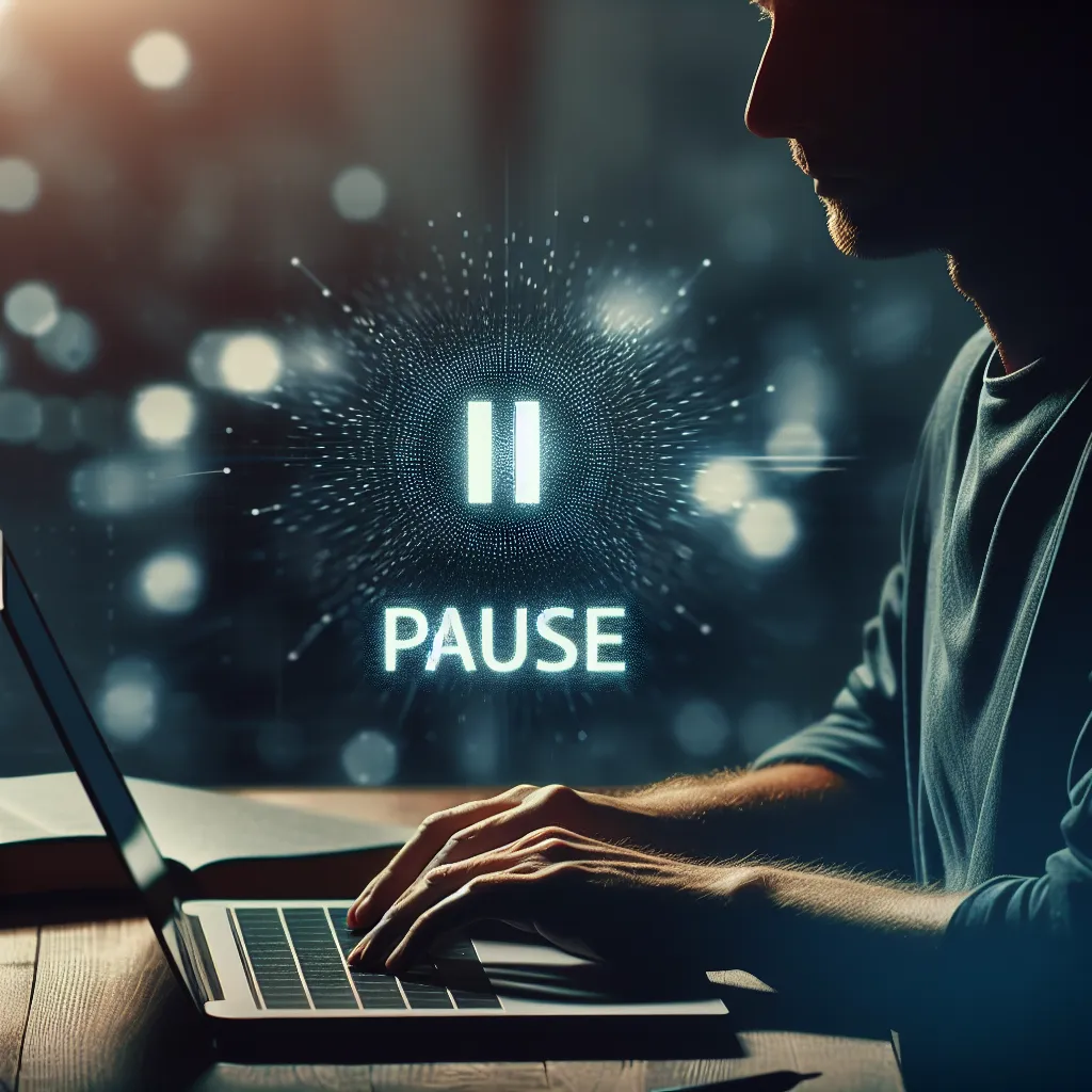 A silhouette of a person typing on a laptop, with a virtual "pause" button symbol overlaying the image, representing the interruption or discontinuation of a narrative.