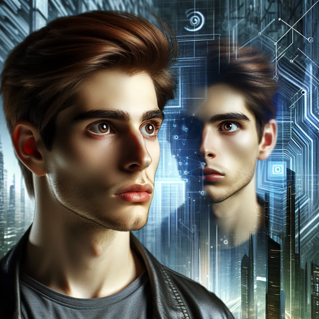 This image should depict a young person with chestnut hair and brown eyes looking at their reflection in a mirror, their face reflecting a mix of confusion, determination, and inner turmoil. The background should show a high-tech, futuristic setting to capture the essence of Academy City from the story "A New Life for Touma" in the genre of Biographies.
