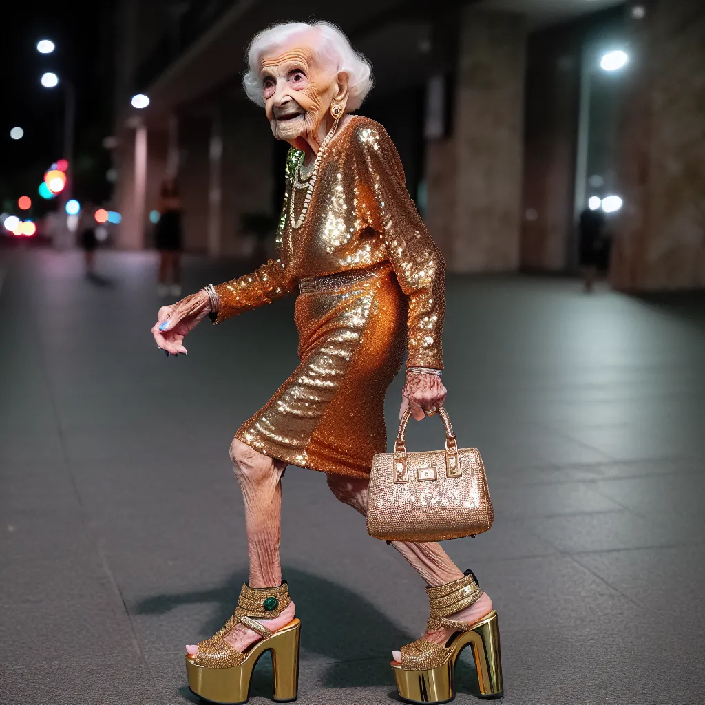 A 97-year-old woman named Agnes Goldman, adorned in a gold dress, wearing glittery gold platform sandals and carrying a matching purse, walks confidently through the night.