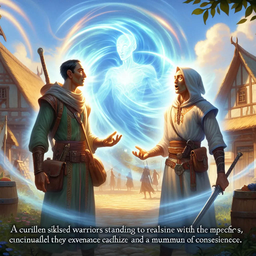 A fantasy image depicting Naruto and Ino, two shinobi from the village of Konoha, standing together under the golden rays of the midday sun. A strange energy swirls around them, like a whisper of fate. The image captures the moment they realize they have mentally swapped bodies, their expressions filled with surprise and confusion. In the background, the village of Konoha buzzes with activity, while two ethereal figures watch from above with curious interest.