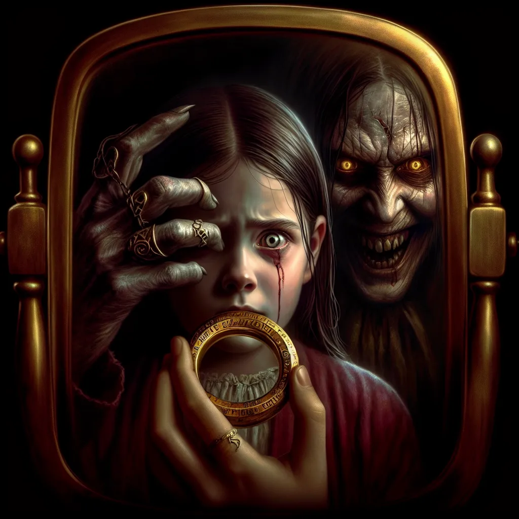 A haunting image of a young girl's reflection trapped in a mirror, her wide eyes filled with terror and despair, while a sinister figure wearing her original body smirks in the background, holding a golden ring etched with intricate symbols. The image captures the eerie atmosphere of a secluded village and the twisted exchange that forever changes the lives of its inhabitants.