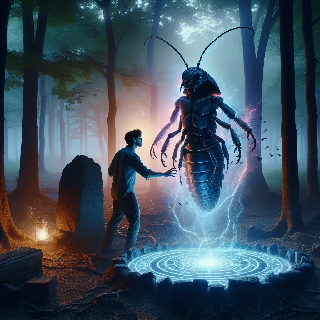 Title: "The Twilight Metamorphosis: From Man to Ant Queen"
Description: In the twilight glow of Eldergrove Forest, a man named Ferrin discovers a hidden stone circle and is engulfed in a transformative burst of magical energy. As his body undergoes a painful metamorphosis, he evolves into an ant queen, iconic with a dark exoskeleton, six chitinous limbs, and antennae. His human memories fade as he embraces his new role, ruling over a bustling colony and fulfilling his instinctual duties as their